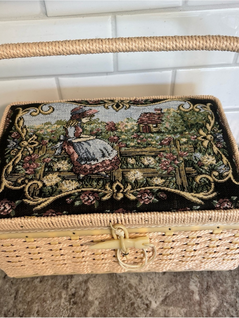 Vintage Azar Sewing Basket Tapestry, Wicker- Full Of Sewing Supplies- W/ Handle